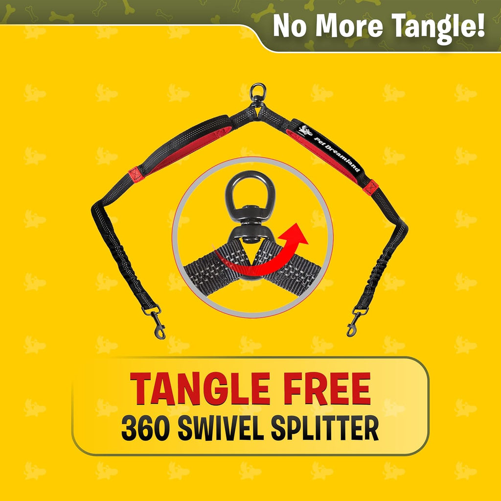 Premium Hands-Free Double Leash for Two Large Dogs - Tangle-Free Design, Ideal for Running (Black & Red)